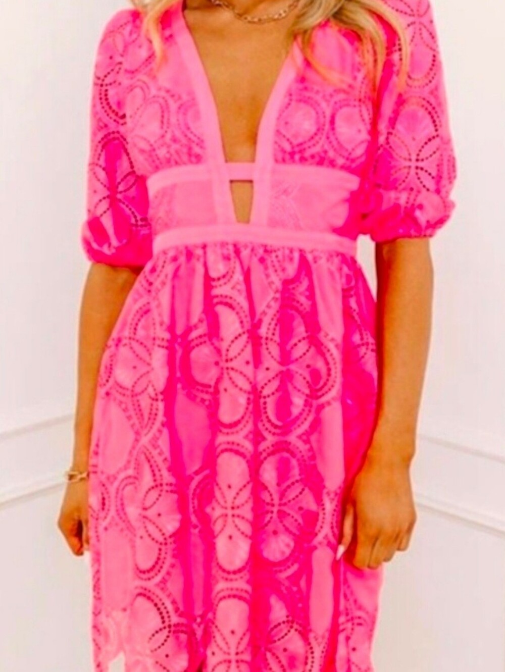 Minuet Petite Hot Pink Eyelet Lace V-Neck Dress